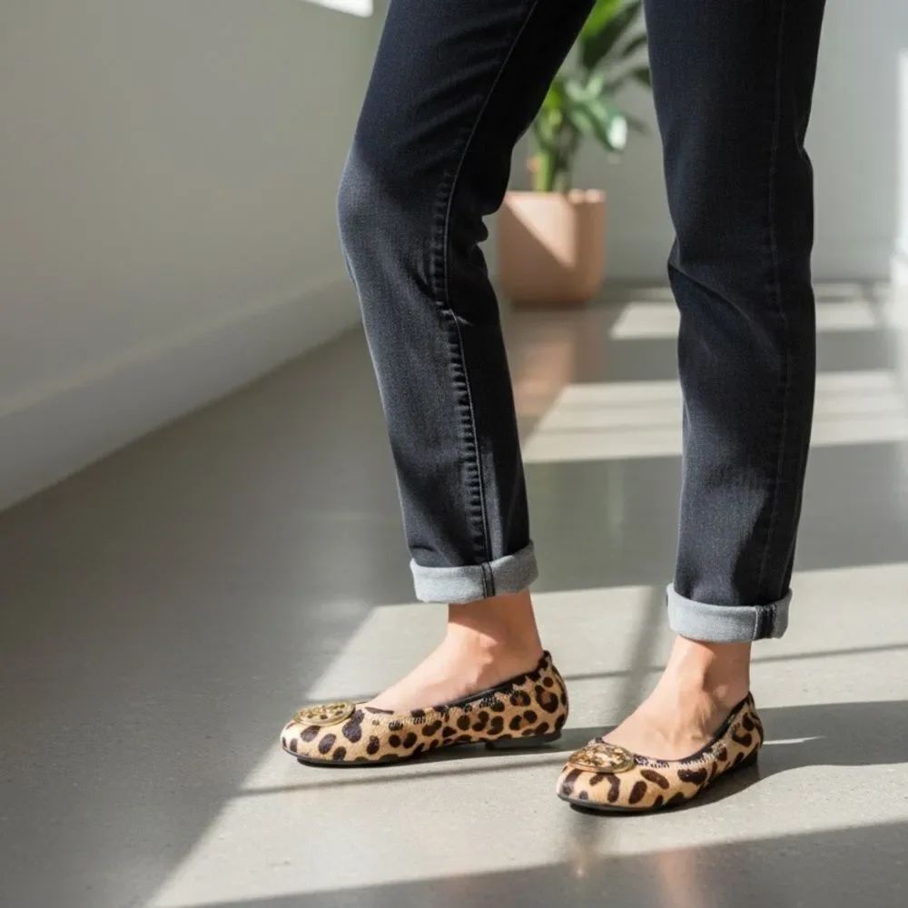 Tory Burch Reva Ballet Flats, 
leopard print calf hair finish, size 38, US 8